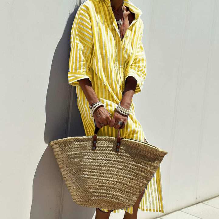 Striped Shirt Dress With Belt Fashion Half-sleeved Lapel Button Cardigan Dresses Women's Clothing