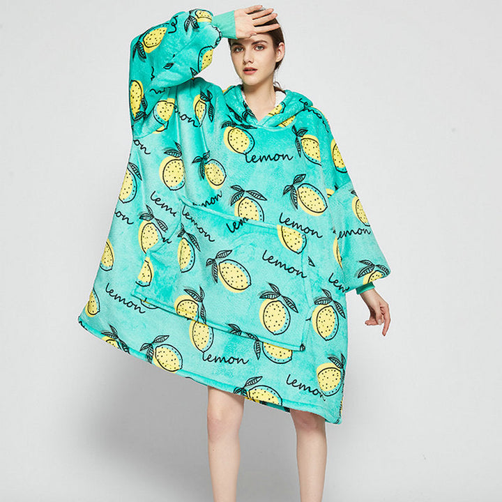 Draagbare deken hoodie met vrolijke print, dubbellaags flanel