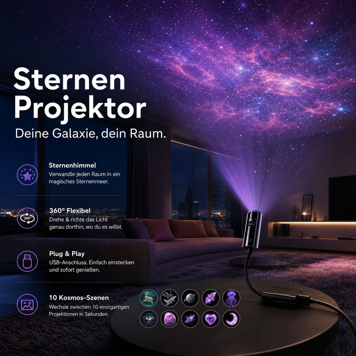 Sterrenprojector nachtlampje met 10 verwisselbare dia's, via USB