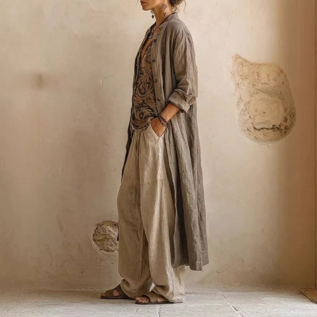 Womens Simple Loose-Fit Printed Shirt And Wide-Leg Pants 3-Piece Set