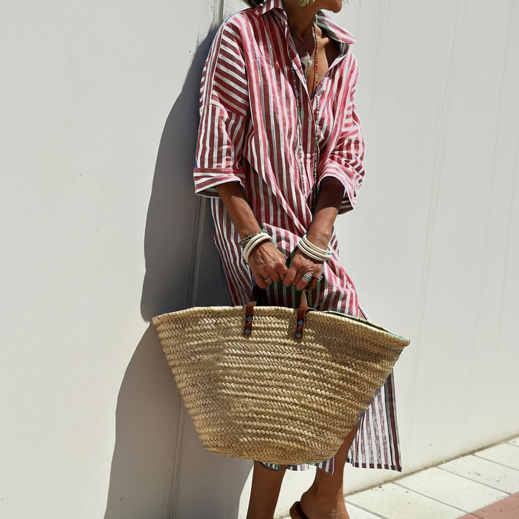 Striped Shirt Dress With Belt Fashion Half-sleeved Lapel Button Cardigan Dresses Women's Clothing
