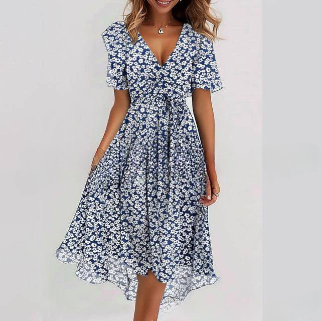 Flowers Printed V-neck Dress Summer A-line Short-sleeved Dresses For Women