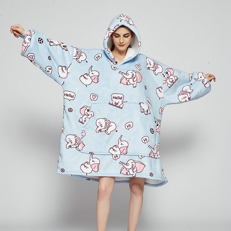 Draagbare deken hoodie met vrolijke print, dubbellaags flanel