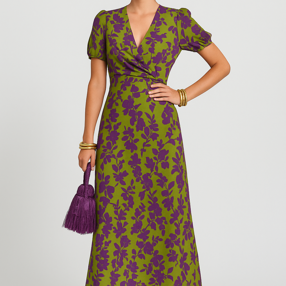 Belloura – Bloemen Wikkeljurk met Korte Mouwen en Vintage Flair