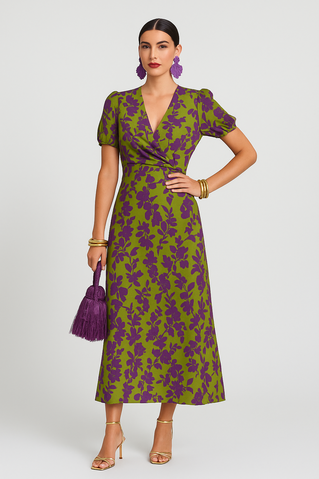 Belloura – Bloemen Wikkeljurk met Korte Mouwen en Vintage Flair
