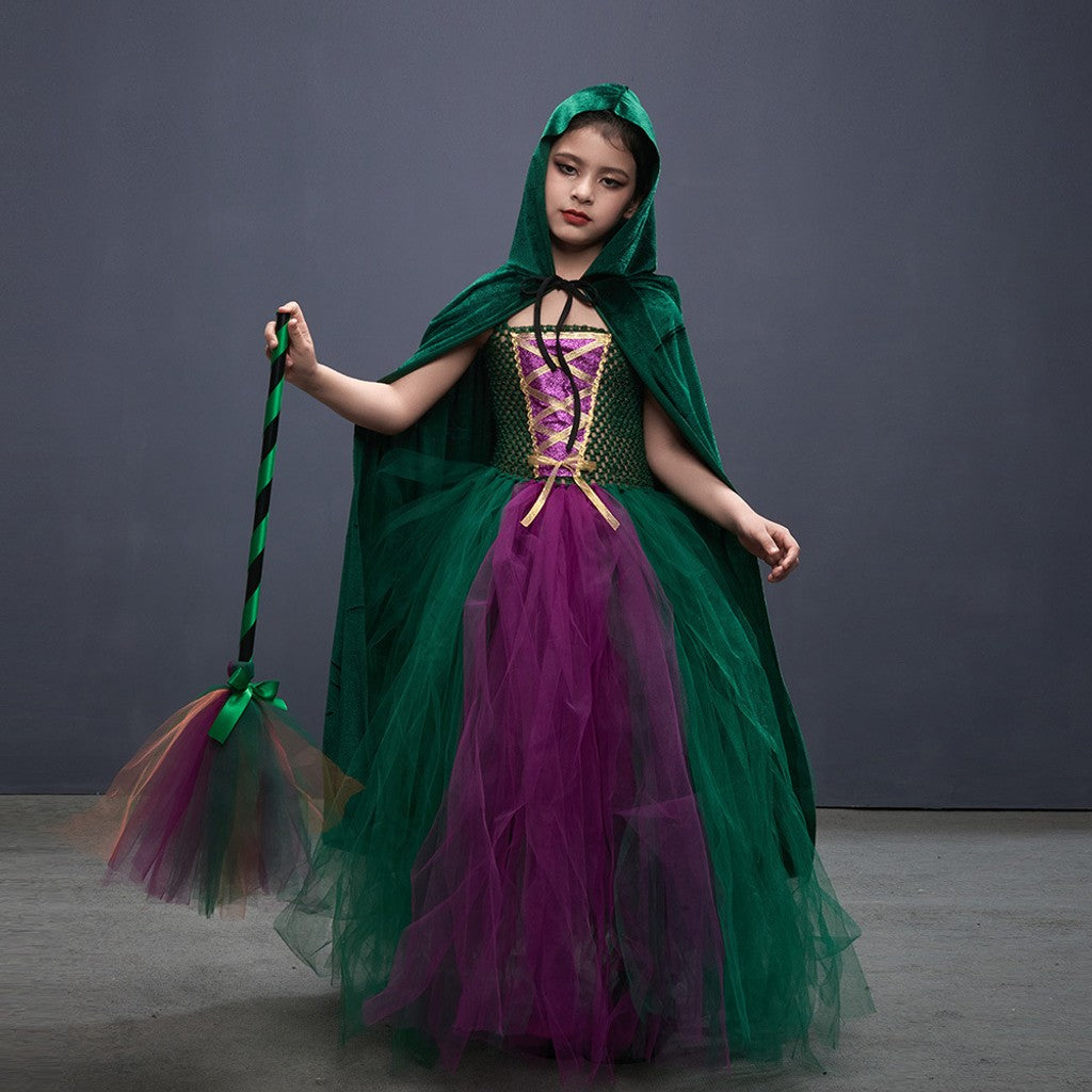 Halloween Kostuum Heks Kinderen Jurk Mantel Bezem Set — afbeelding 1
