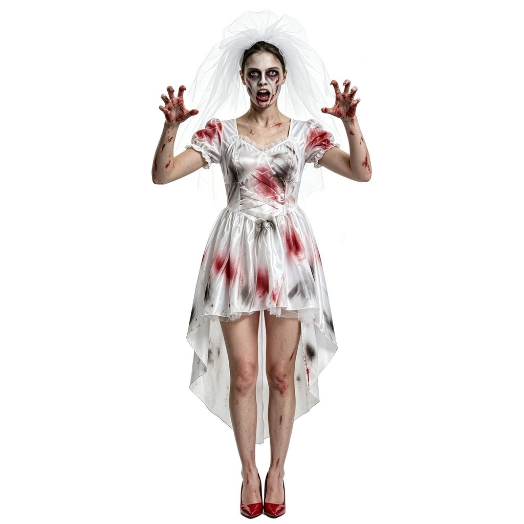 Halloween spookbruid cos kostuum bloedvlek witte trouwjurk horrorfeest podiumkostuum, halloween spookbruid cos kostuum, bloedvlek witte trouwjurk — afbeelding 2