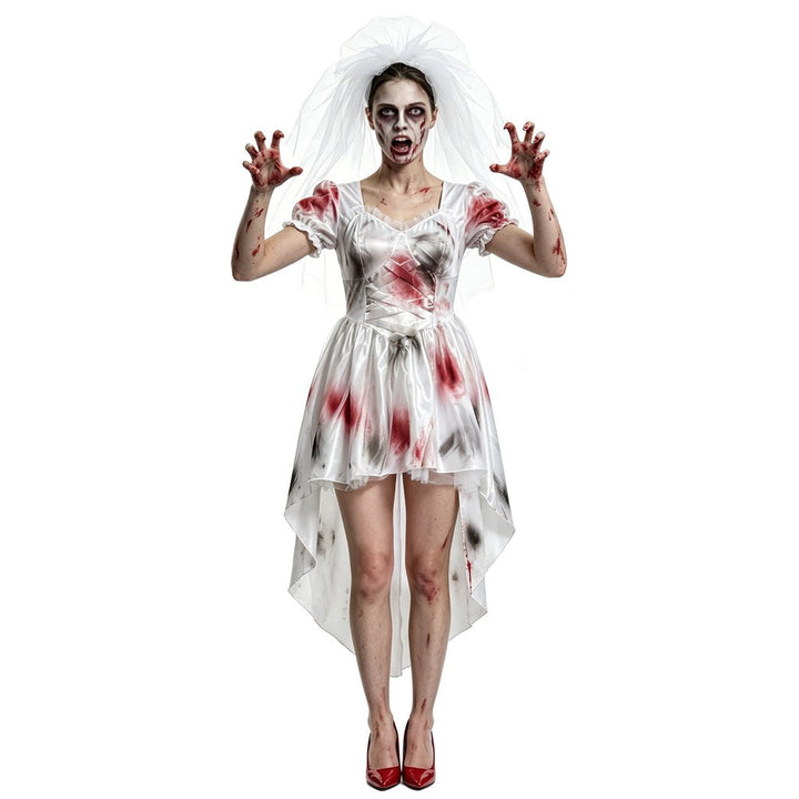 Halloween spookbruid cos kostuum bloedvlek witte trouwjurk horrorfeest podiumkostuum, halloween spookbruid cos kostuum, bloedvlek witte trouwjurk — afbeelding 2