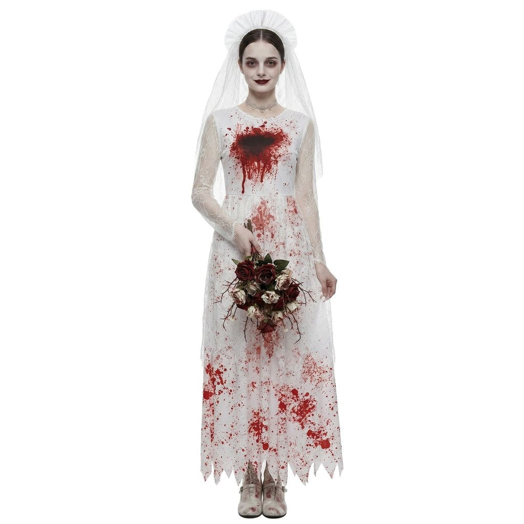 Halloween spookbruid cos kostuum bloedvlek witte trouwjurk horrorfeest podiumkostuum, halloween spookbruid cos kostuum, bloedvlek witte trouwjurk — afbeelding 5