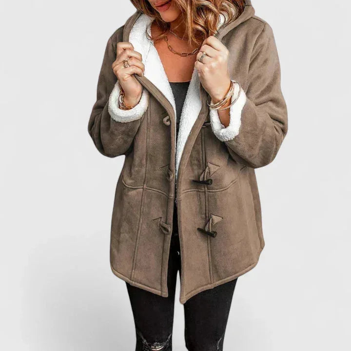 Suède-look jack met toggle-capuchon en sherpavoering