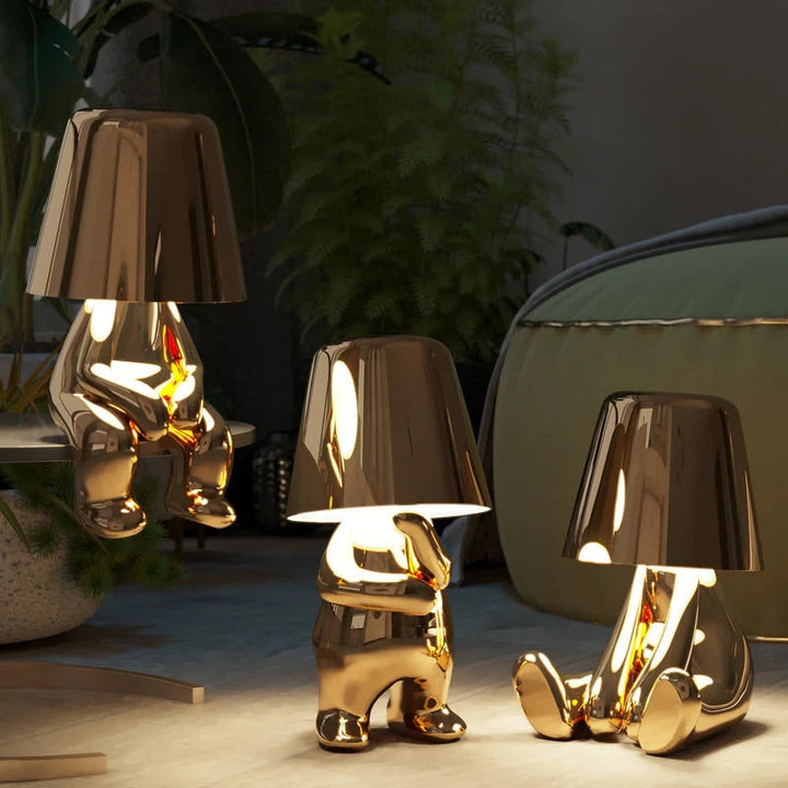 Snoerloze tafellamp, oplaadbaar, LED, USB, metalen figuur in zittende en staande poses, Denker