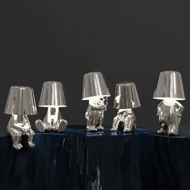 Snoerloze tafellamp, oplaadbaar, LED, USB, metalen figuur in zittende en staande poses, Denker