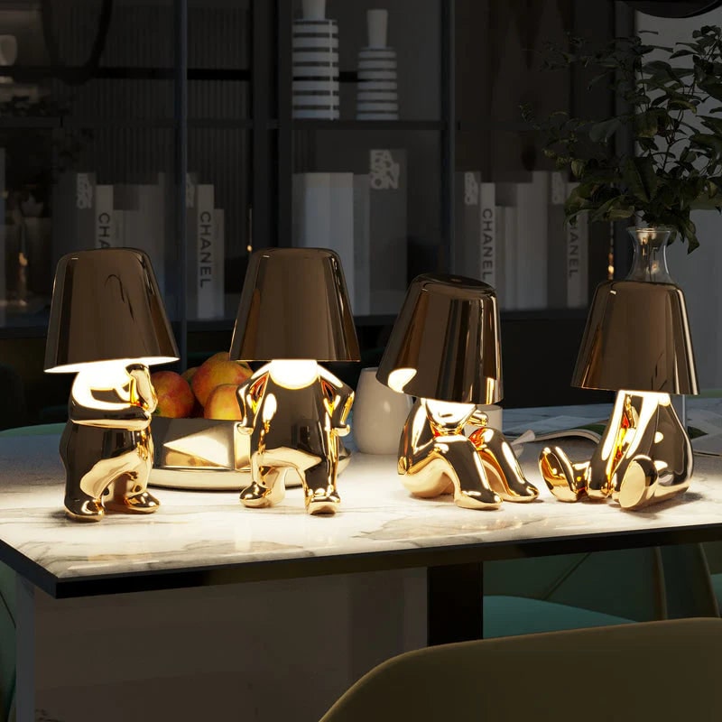 Snoerloze tafellamp, oplaadbaar, LED, USB, metalen figuur in zittende en staande poses, Denker