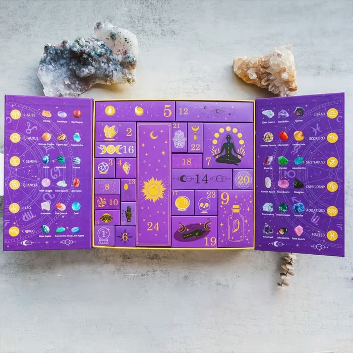 Kristallen adventskalender met edelstenen en beautyproducten voor de aftelling naar de feestdagen