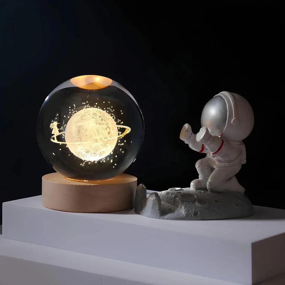 Kristallen bollamp nachtlampje 3D lasergegraveerd glas houten voet USB LED decoratief