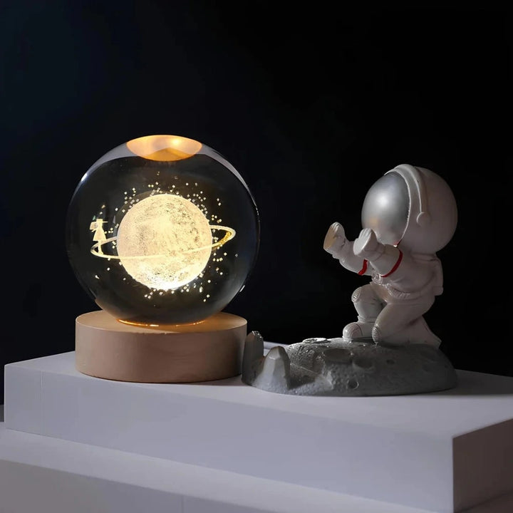 Kristallen bollamp nachtlampje 3D lasergegraveerd glas houten voet USB LED decoratief