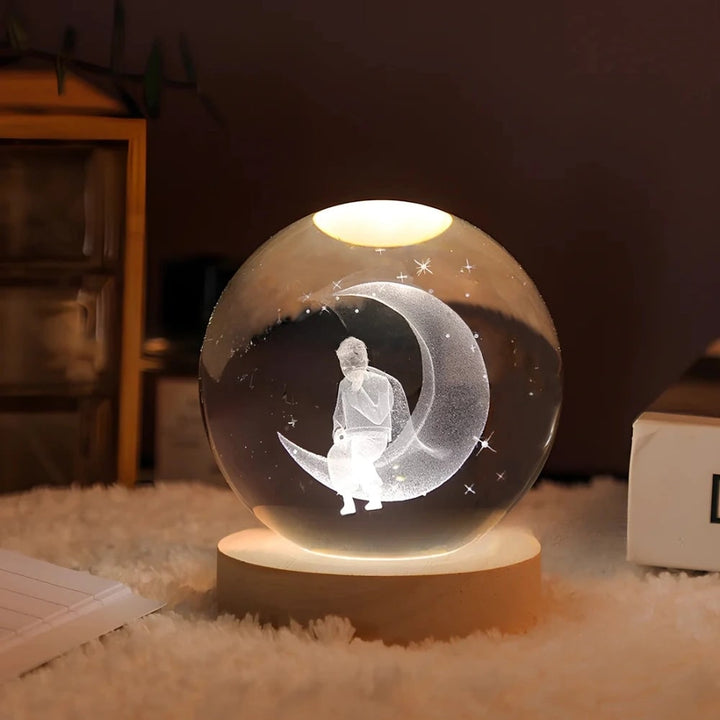 Kristallen bollamp nachtlampje 3D lasergegraveerd glas houten voet USB LED decoratief