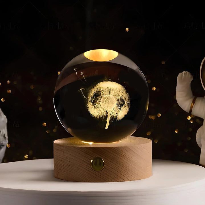 Kristallen bollamp nachtlampje 3D lasergegraveerd glas houten voet USB LED decoratief