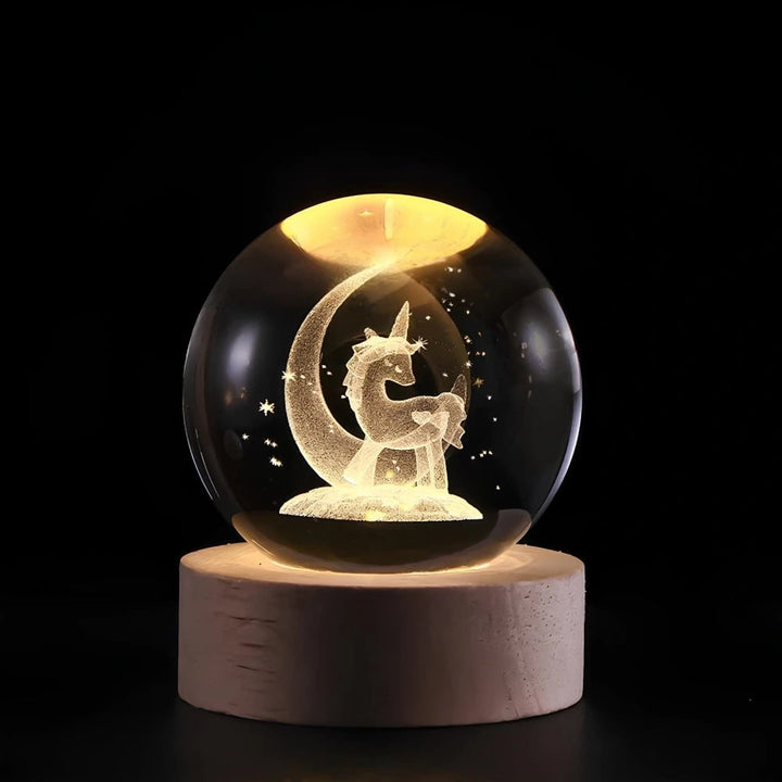 Kristallen bollamp nachtlampje 3D lasergegraveerd glas houten voet USB LED decoratief