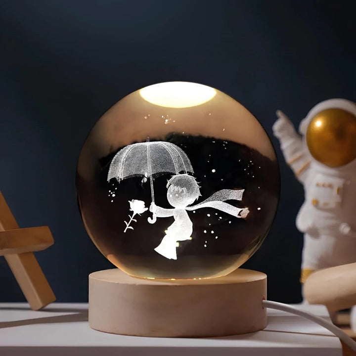 Kristallen bollamp nachtlampje 3D lasergegraveerd glas houten voet USB LED decoratief