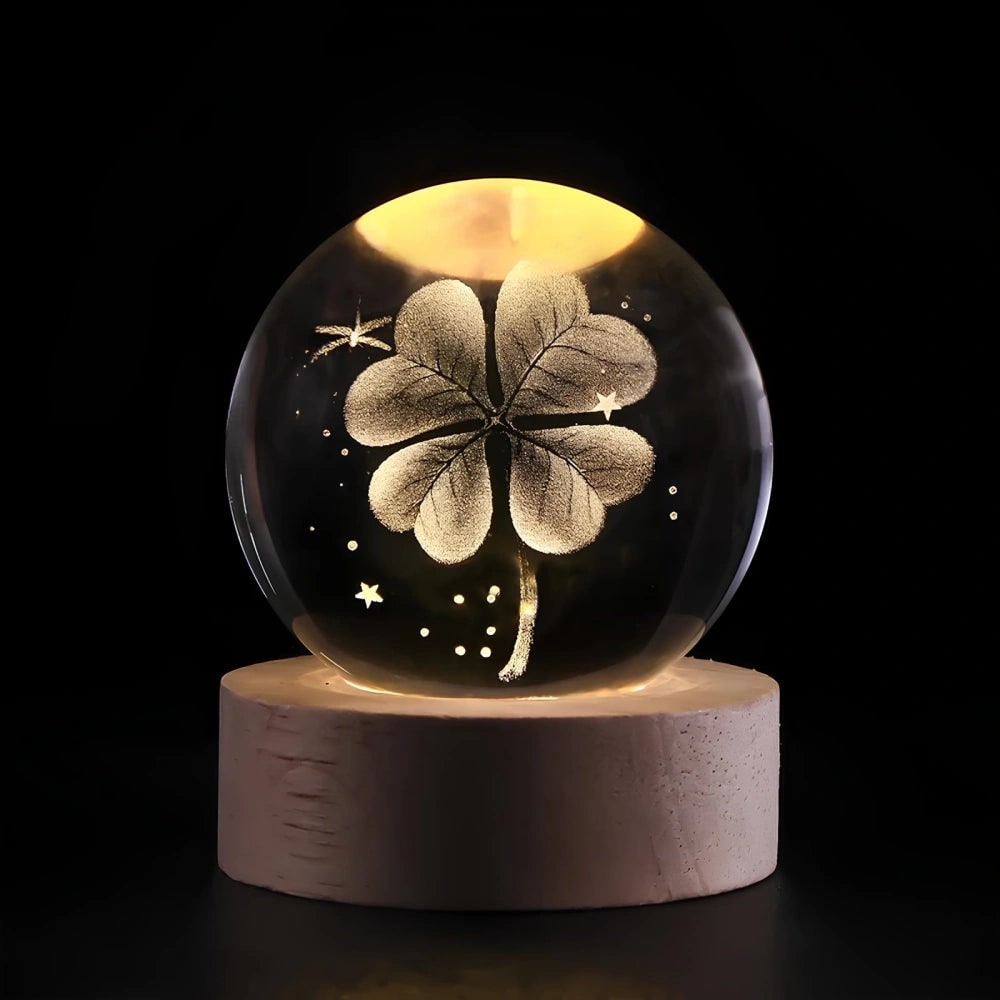 Kristallen bollamp nachtlampje 3D lasergegraveerd glas houten voet USB LED decoratief