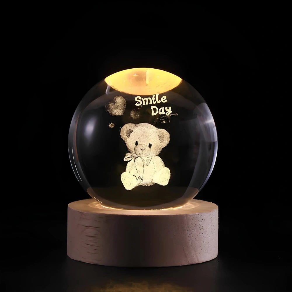 Kristallen bollamp nachtlampje 3D lasergegraveerd glas houten voet USB LED decoratief