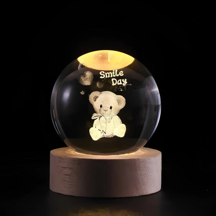 Kristallen bollamp nachtlampje 3D lasergegraveerd glas houten voet USB LED decoratief