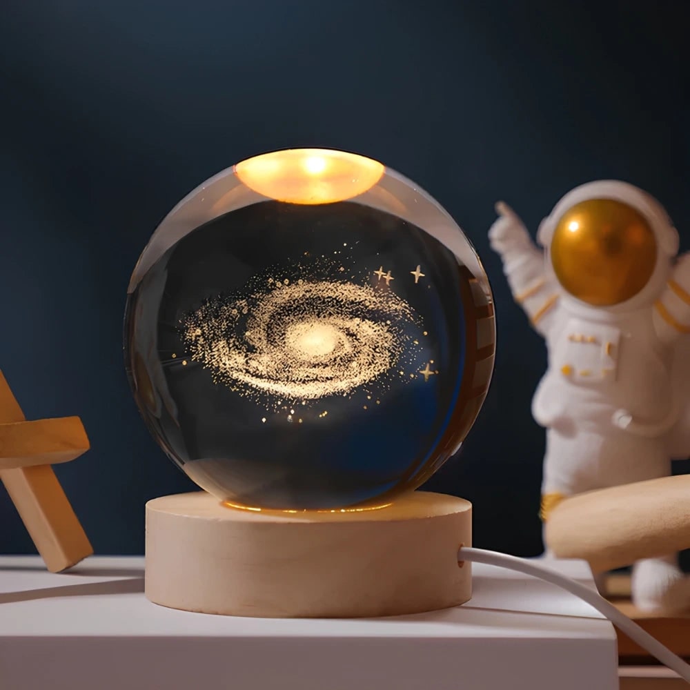 Kristallen bollamp nachtlampje 3D lasergegraveerd glas houten voet USB LED decoratief
