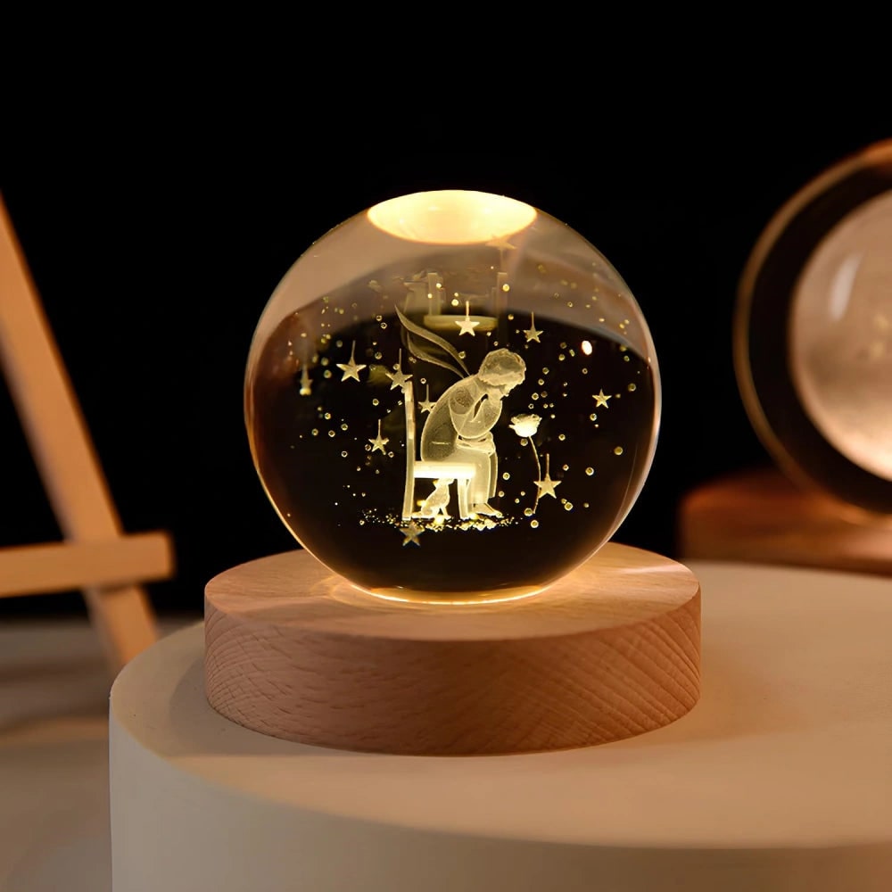 Kristallen bollamp nachtlampje 3D lasergegraveerd glas houten voet USB LED decoratief