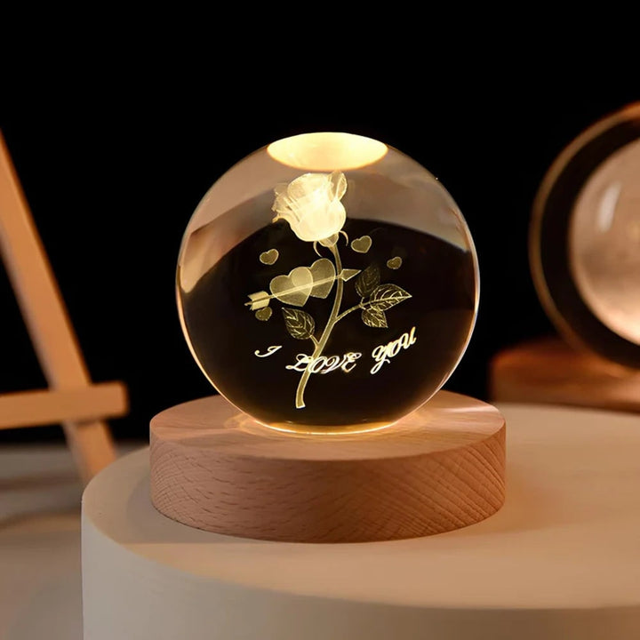 Kristallen bollamp nachtlampje 3D lasergegraveerd glas houten voet USB LED decoratief