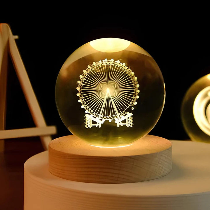 Kristallen bollamp nachtlampje 3D lasergegraveerd glas houten voet USB LED decoratief