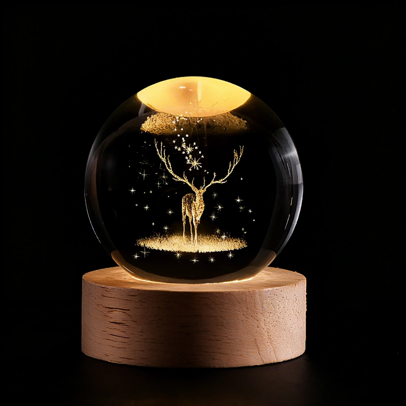 Kristallen bollamp nachtlampje 3D lasergegraveerd glas houten voet USB LED decoratief