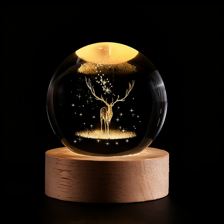 Kristallen bollamp nachtlampje 3D lasergegraveerd glas houten voet USB LED decoratief