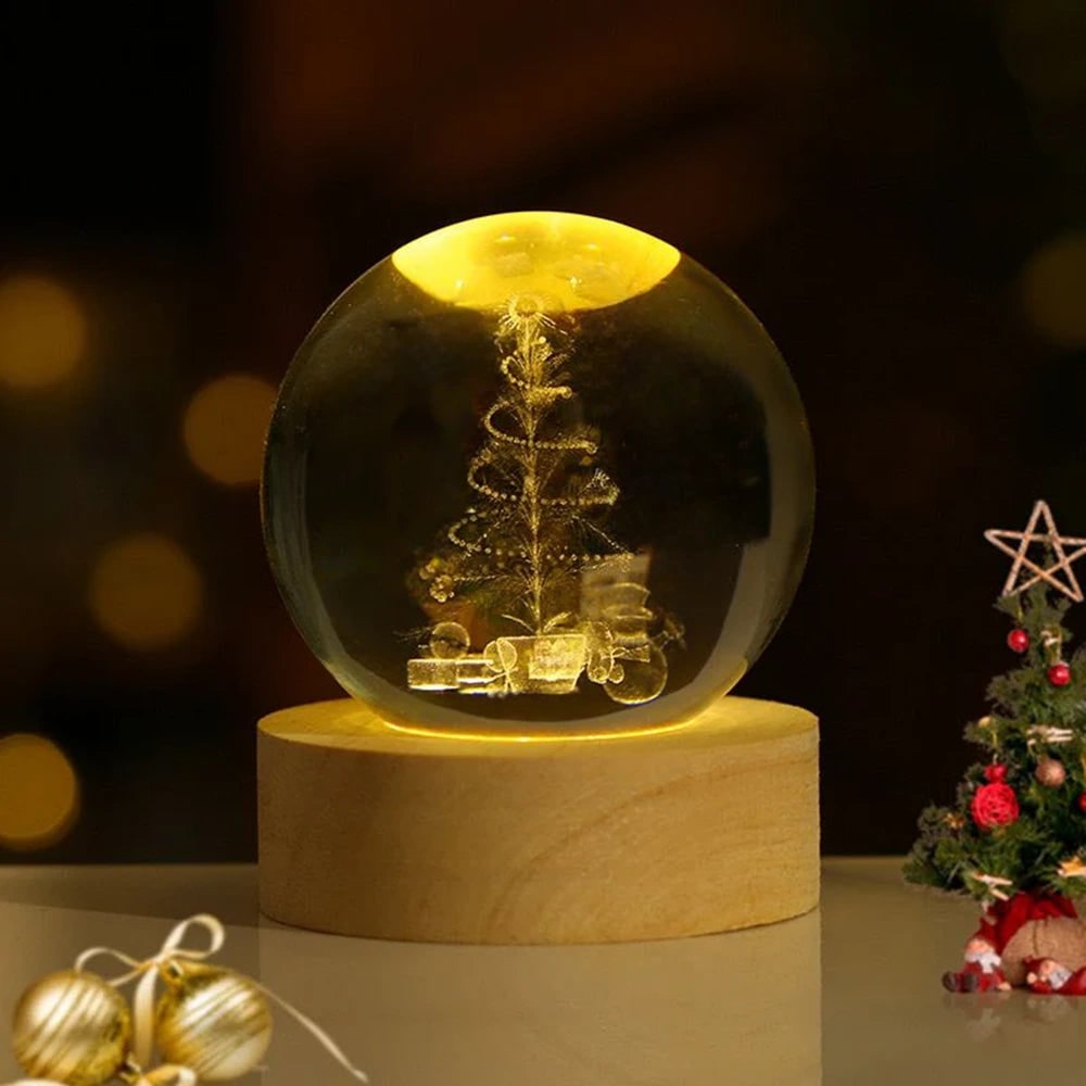 Kristallen bollamp nachtlampje 3D lasergegraveerd glas houten voet USB LED decoratief