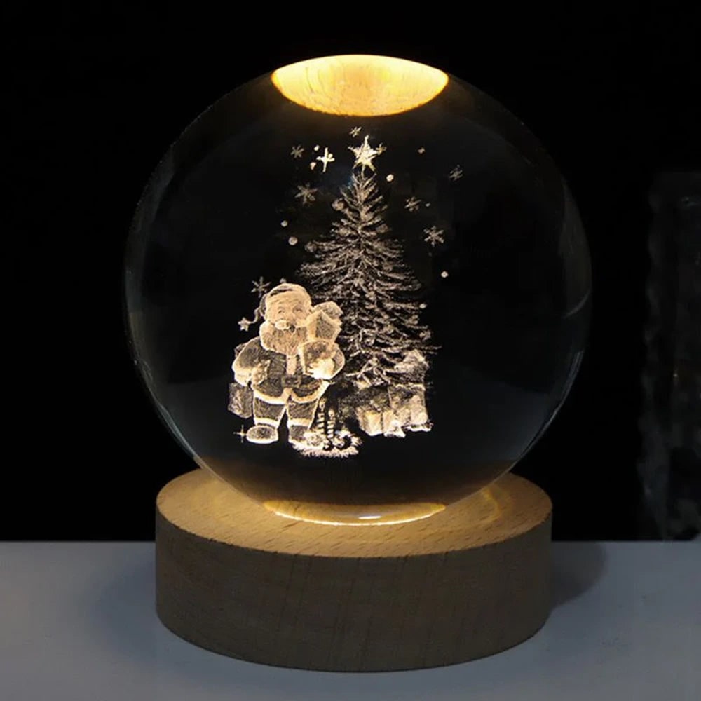 Kristallen bollamp nachtlampje 3D lasergegraveerd glas houten voet USB LED decoratief