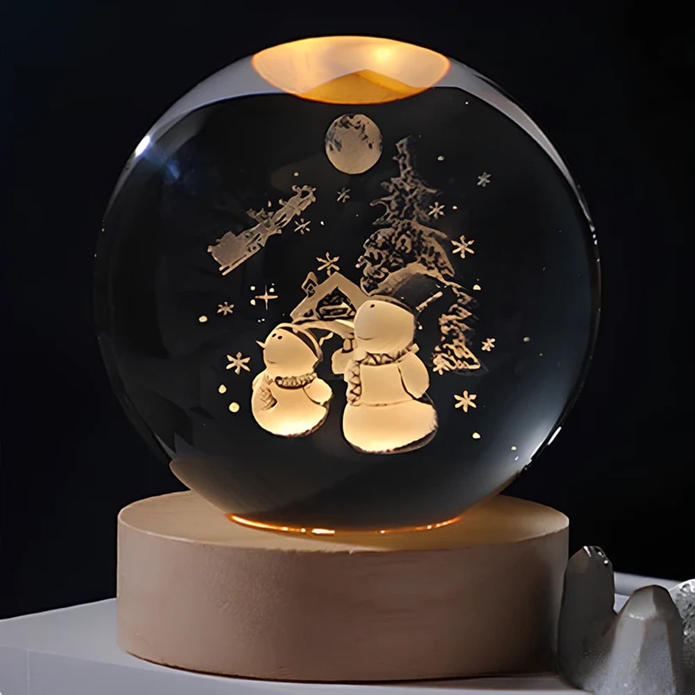 Kristallen bollamp nachtlampje 3D lasergegraveerd glas houten voet USB LED decoratief
