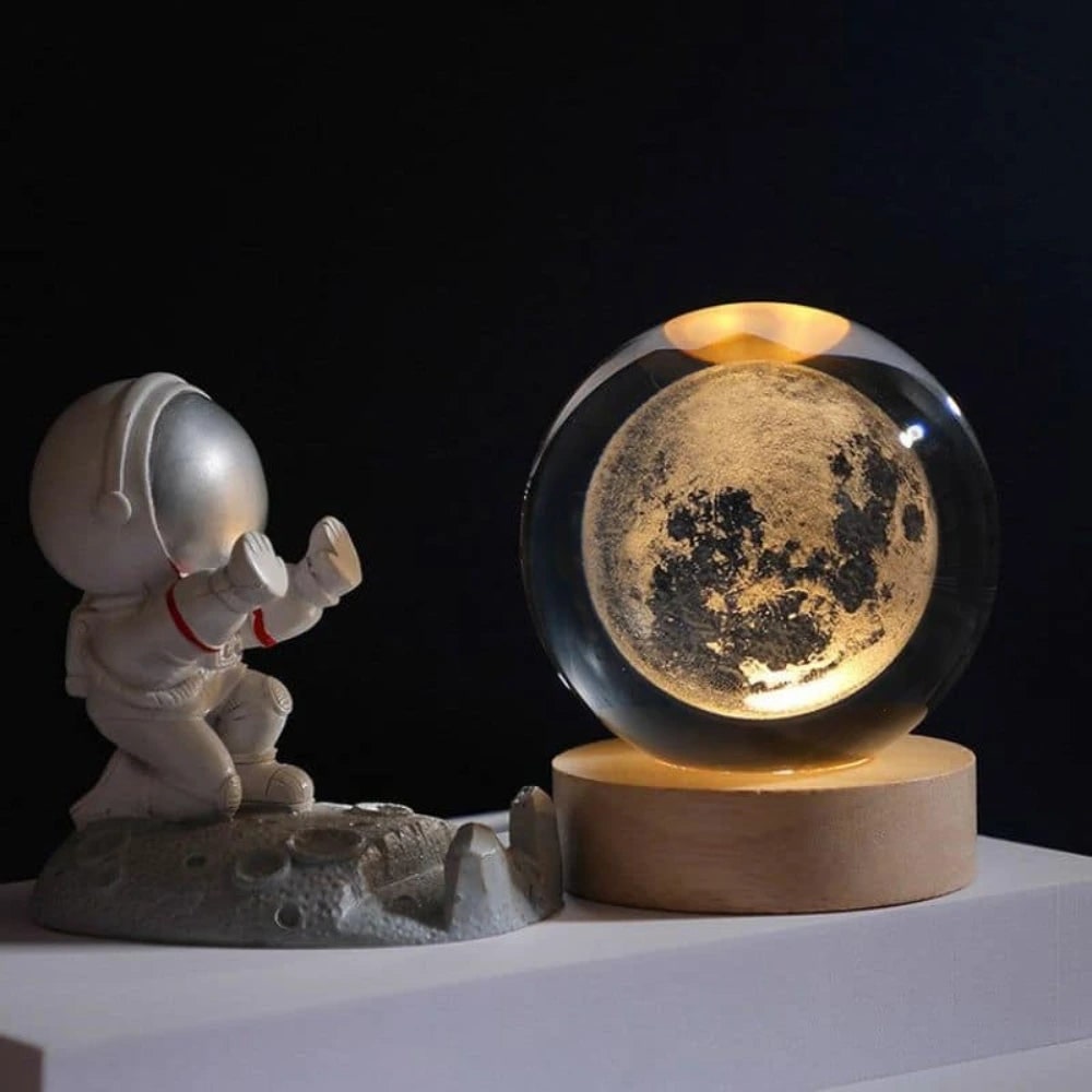 Kristallen bollamp nachtlampje 3D lasergegraveerd glas houten voet USB LED decoratief