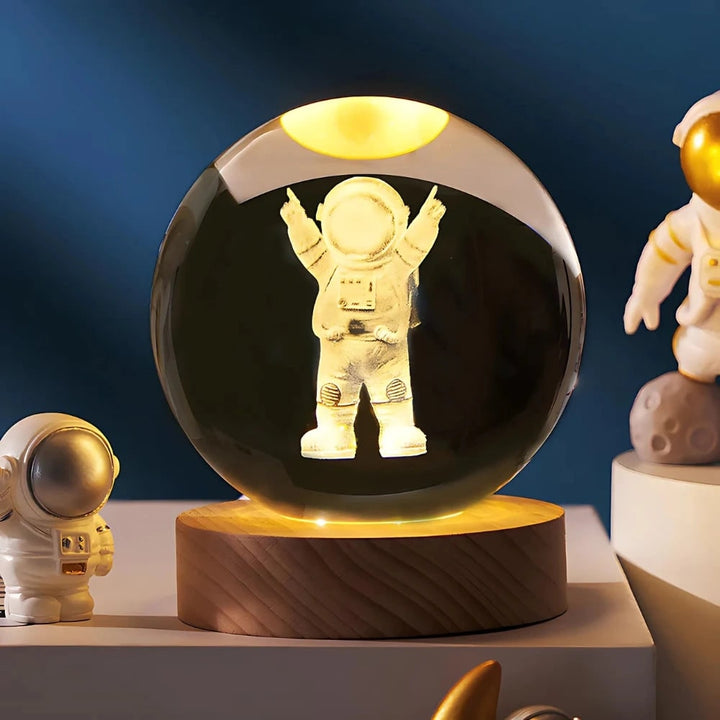 Kristallen bollamp nachtlampje 3D lasergegraveerd glas houten voet USB LED decoratief