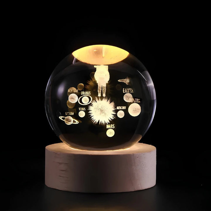 Kristallen bollamp nachtlampje 3D lasergegraveerd glas houten voet USB LED decoratief