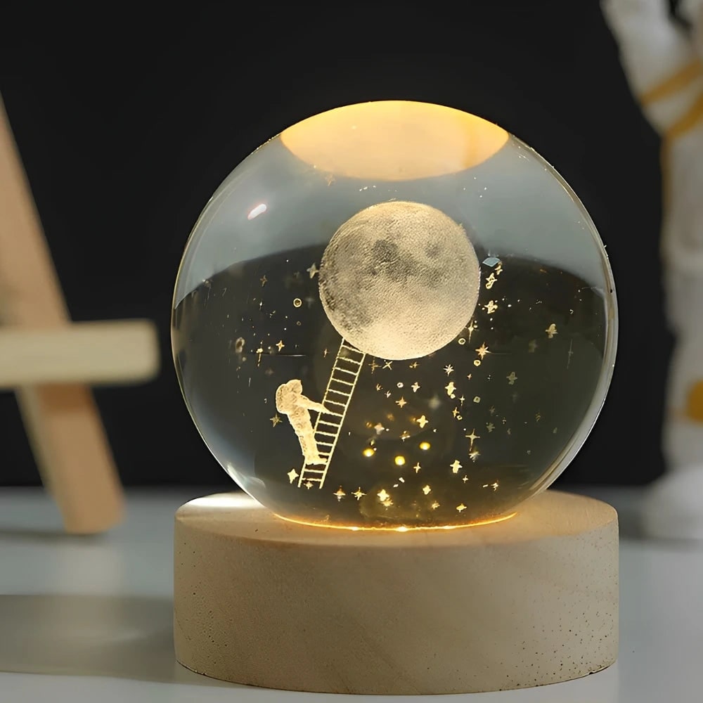 Kristallen bollamp nachtlampje 3D lasergegraveerd glas houten voet USB LED decoratief