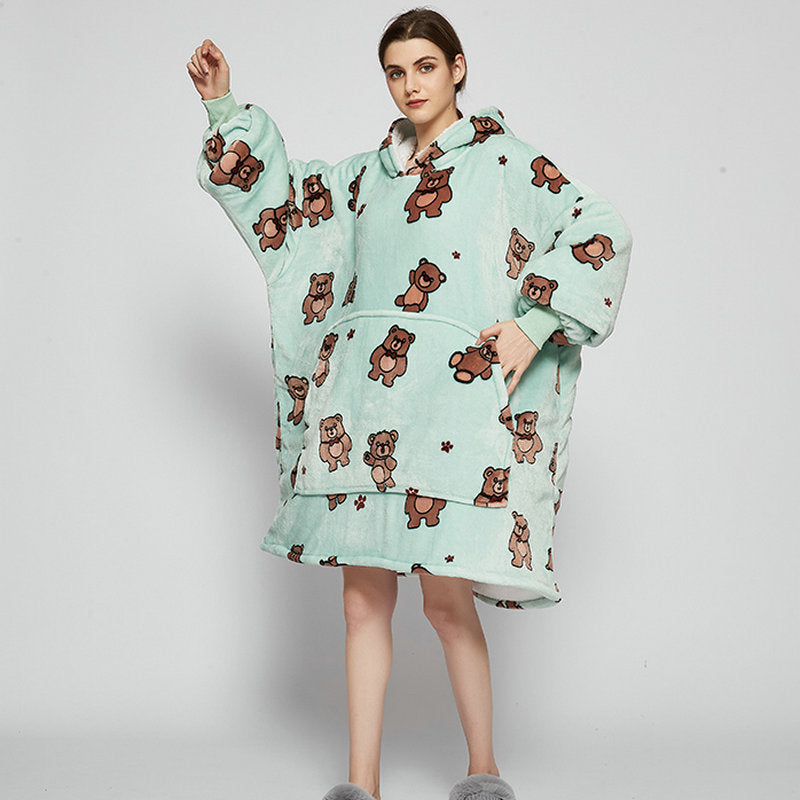 Draagbare deken hoodie met vrolijke print, dubbellaags flanel