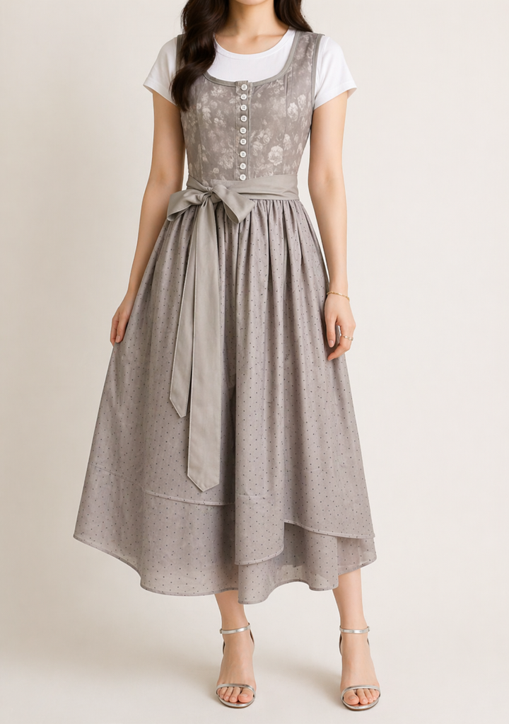 Dames dirndl met rits, kanten mouwen en tailleband.