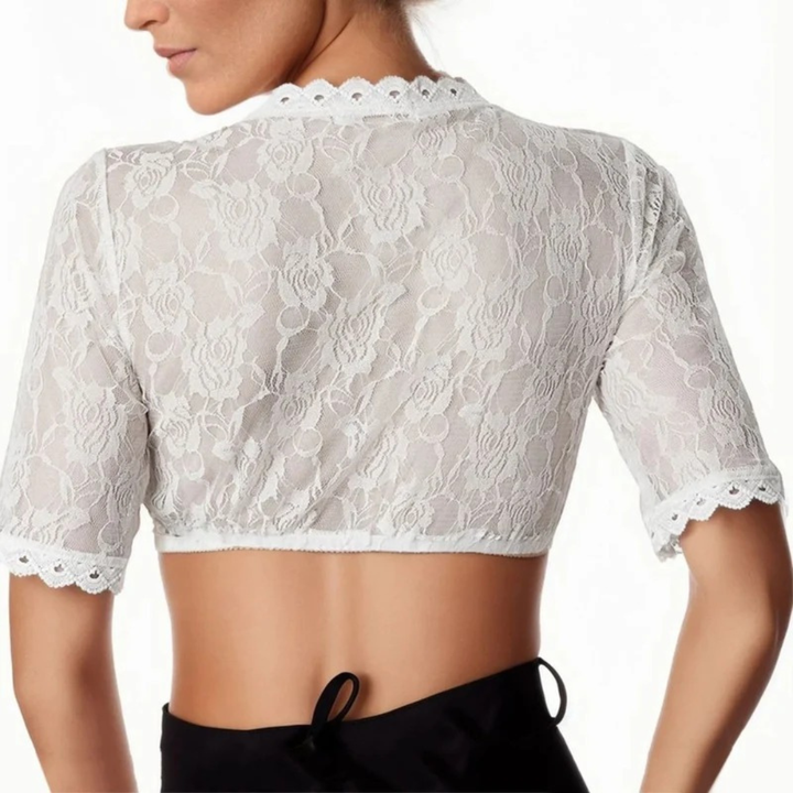 Dames dirndl crop top met bloemenkant en diepe V-hals