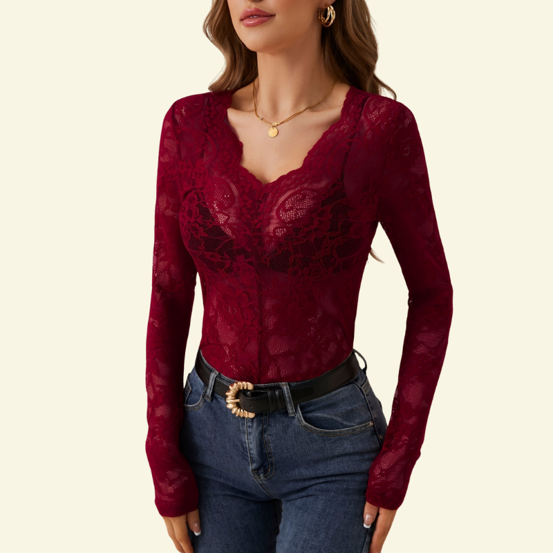 Damesblouse van kant met lange mouwen, V-hals en golvende afwerking