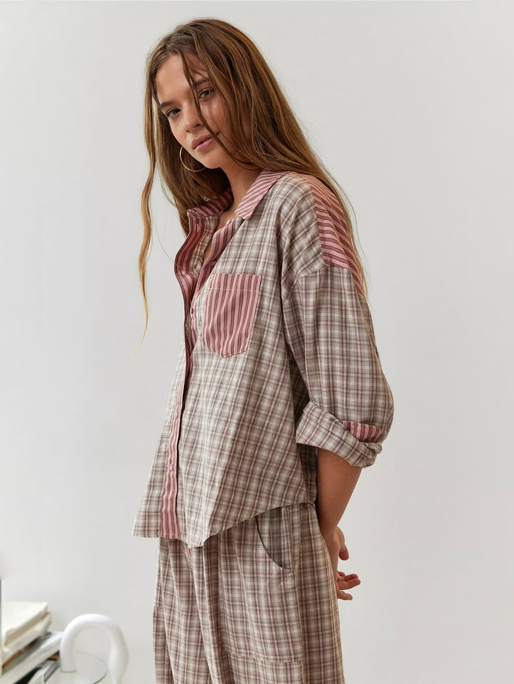 Pyjamaset voor dames met overhemd met knopen en broek met elastische taille