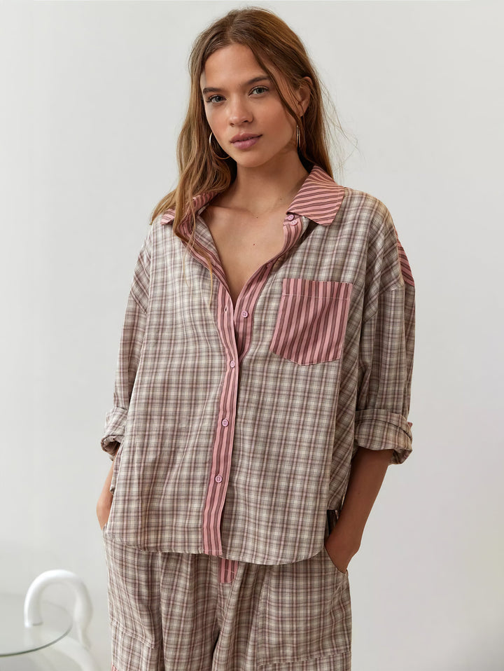 Pyjamaset voor dames met overhemd met knopen en broek met elastische taille