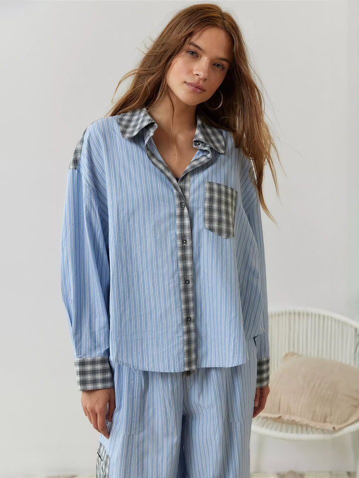Pyjamaset voor dames met overhemd met knopen en broek met elastische taille