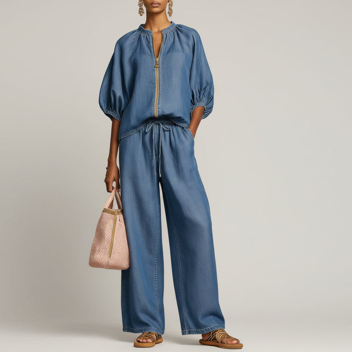 Casual Relaxed-fit Solid-color Zip-up Crew-neck Wide-leg Pants Set