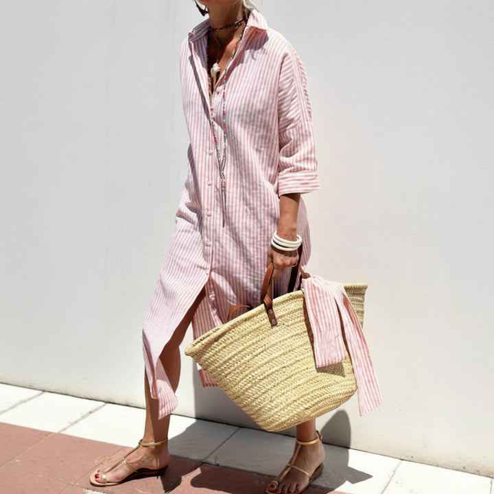 Striped Shirt Dress With Belt Fashion Half-sleeved Lapel Button Cardigan Dresses Women's Clothing