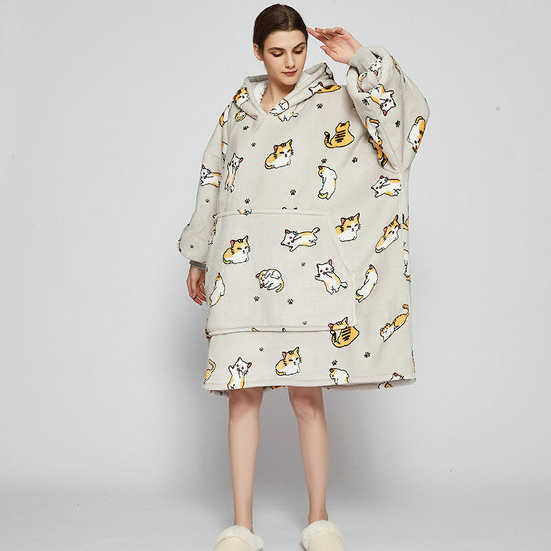 Draagbare deken hoodie met vrolijke print, dubbellaags flanel